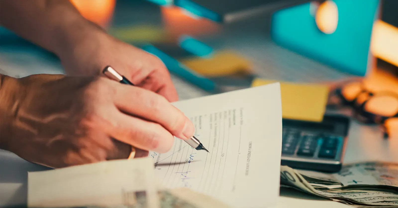 A person filling in and signing an invoice at a desk next to a calculator