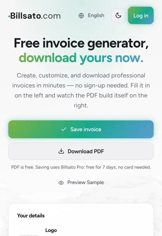 Billsato's free invoice maker on a mobile phone, with a company logo added