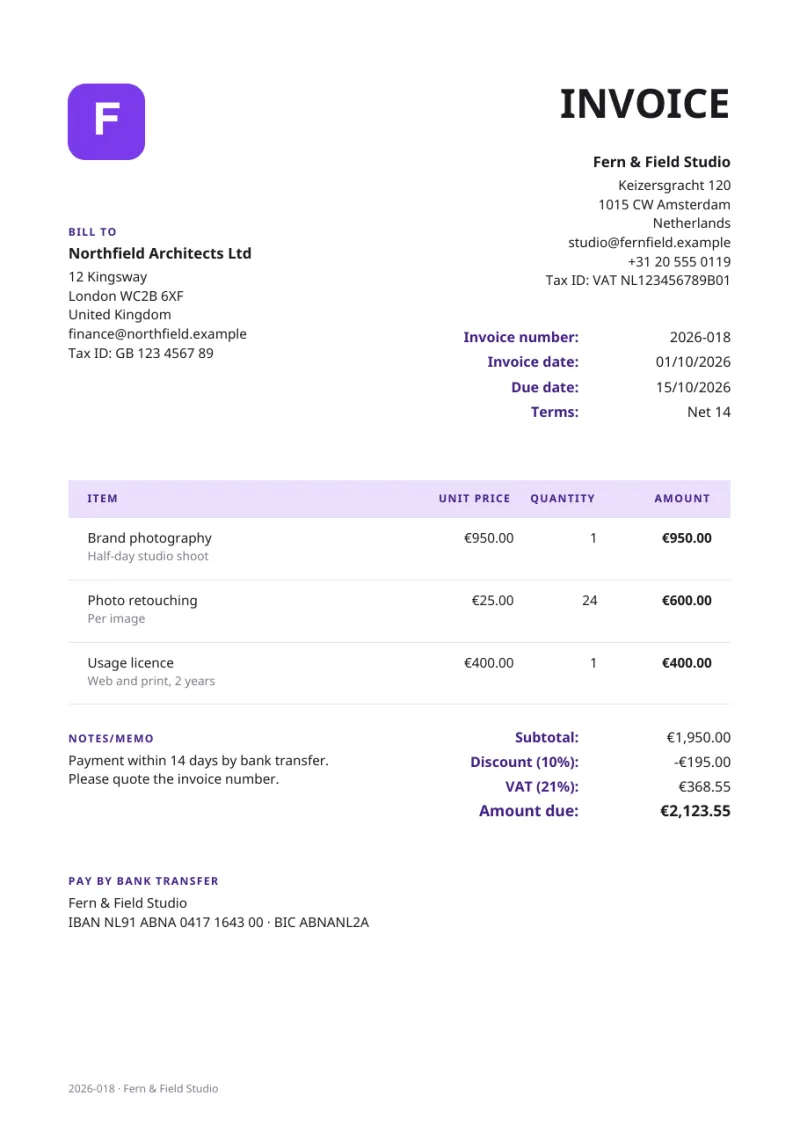 Free invoice template filled in: an A4 invoice in euros with a logo, VAT, a discount and bank details, made with Billsato