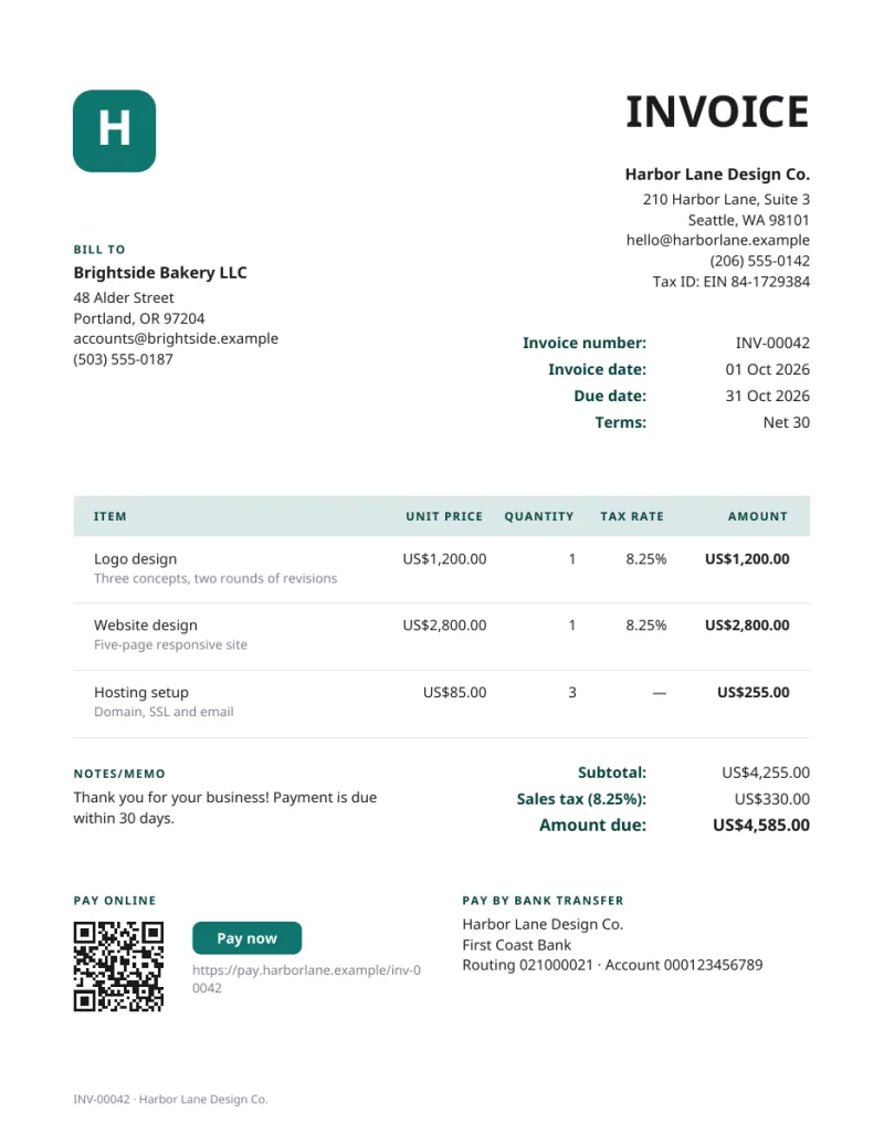 Sample invoice made with Billsato's free invoice generator, showing a logo, line items, sales tax, a due date and payment details