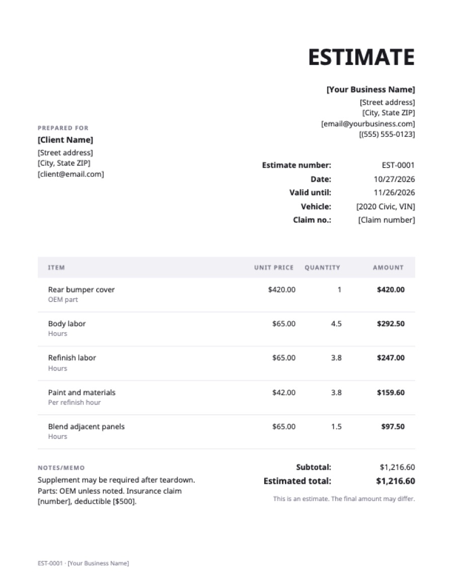 Auto body estimate template: a sample filled in with example lines for the trade