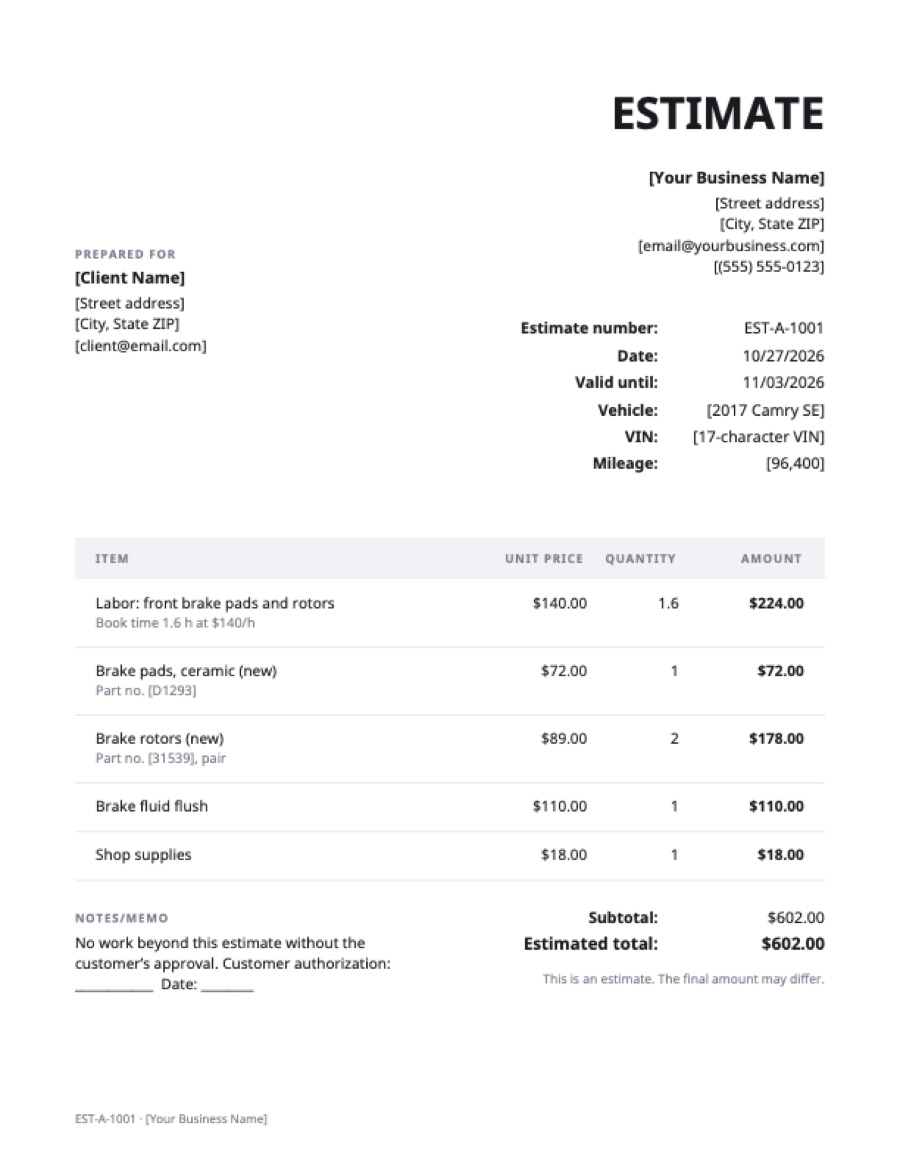 Auto repair estimate template: a sample filled in with example lines for the trade