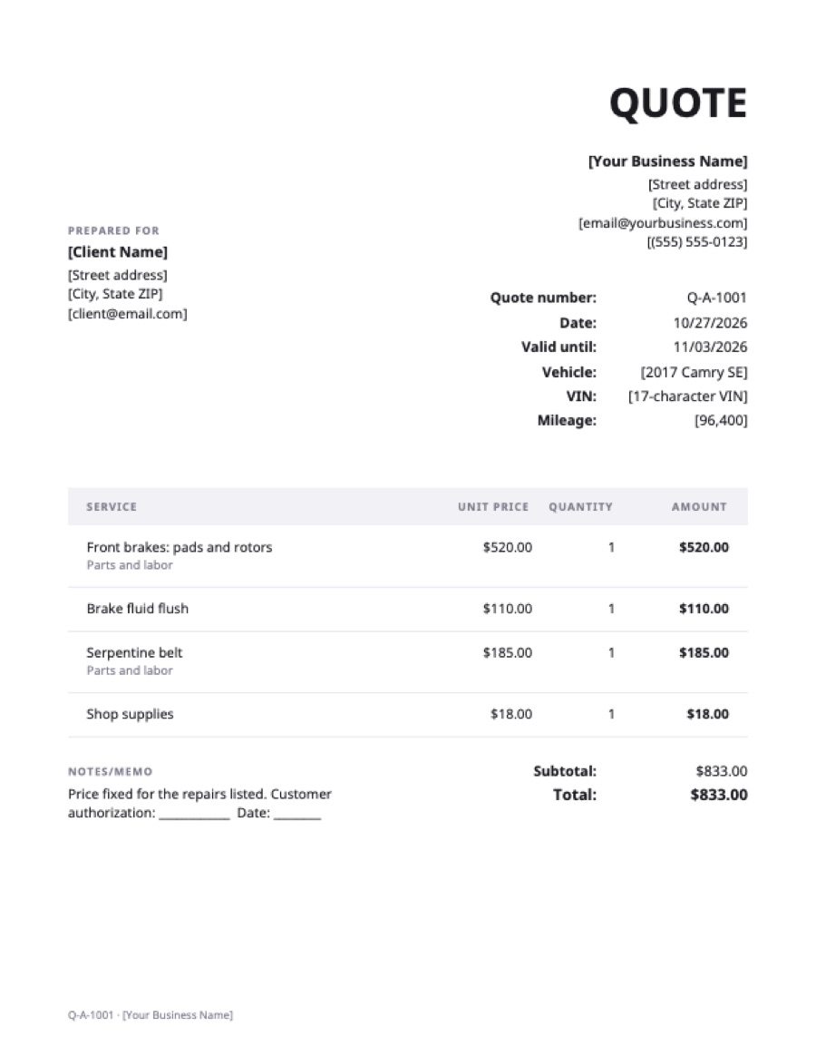 Auto repair quote template: a sample filled in with example lines for the trade