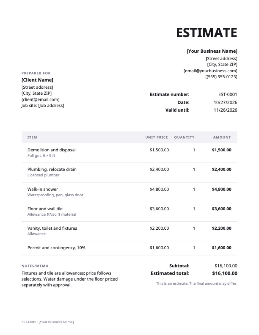 Bathroom remodel estimate template: a sample filled in with example lines for the trade