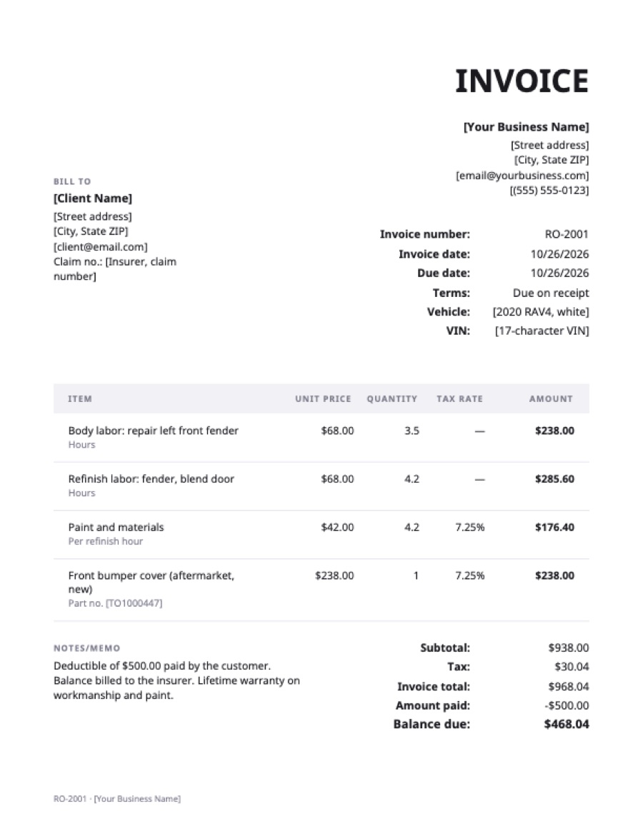 Auto body shop invoice template: a sample filled in with example lines for the trade