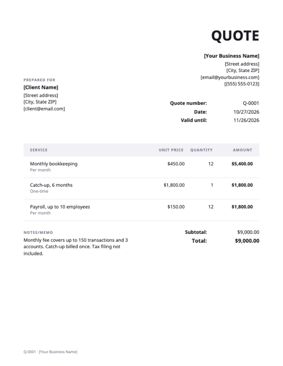 Bookkeeping quote template: a sample filled in with example lines for the trade