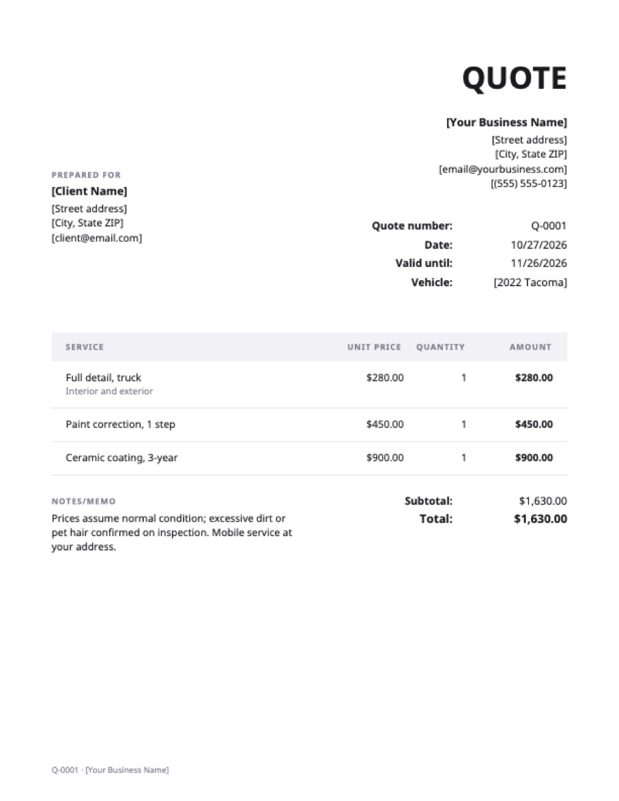 Car detailing quote template: a sample filled in with example lines for the trade