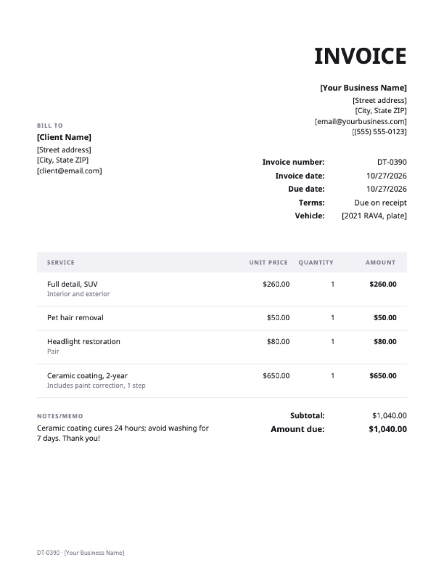 Car detailing invoice template: a sample filled in with example lines for the trade