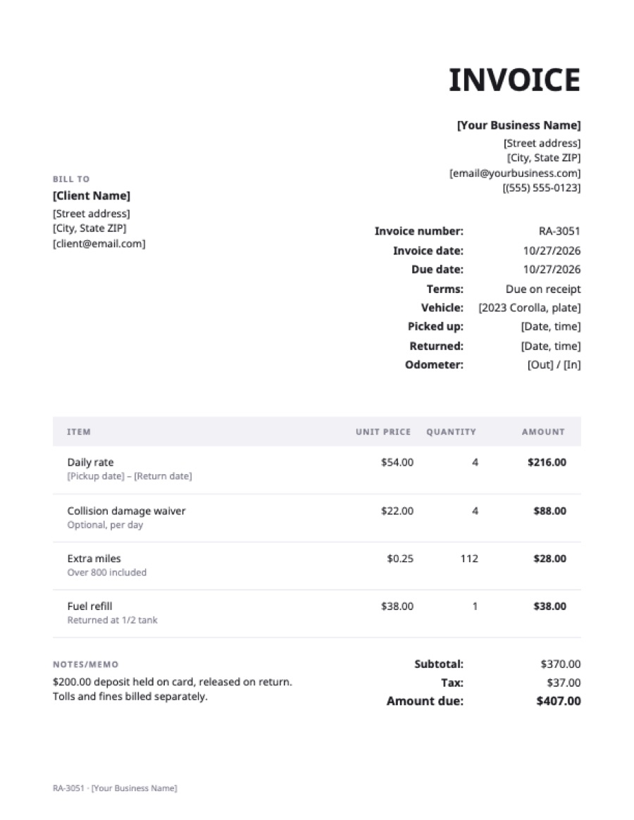 Car rental invoice template: a sample filled in with example lines for the trade