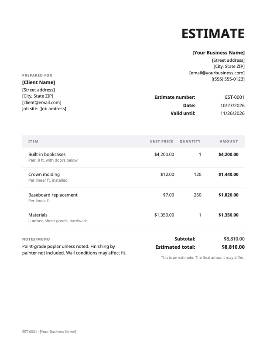 Carpentry estimate template: a sample filled in with example lines for the trade