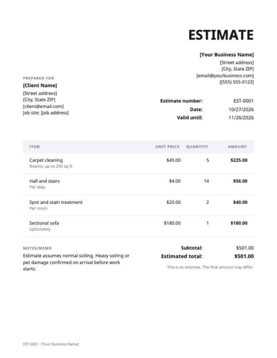 Carpet cleaning estimate template: a sample filled in with example lines for the trade