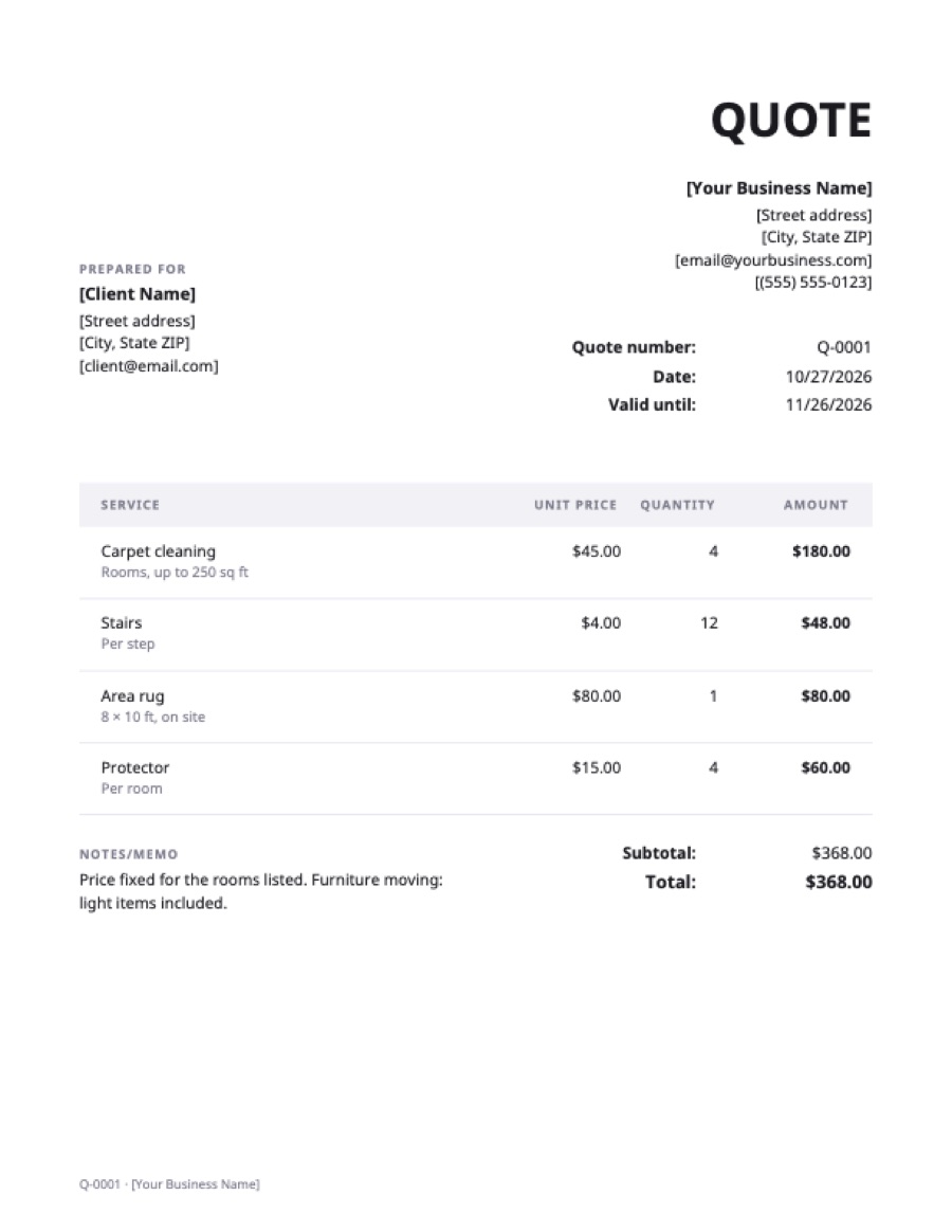 Carpet cleaning quote template: a sample filled in with example lines for the trade