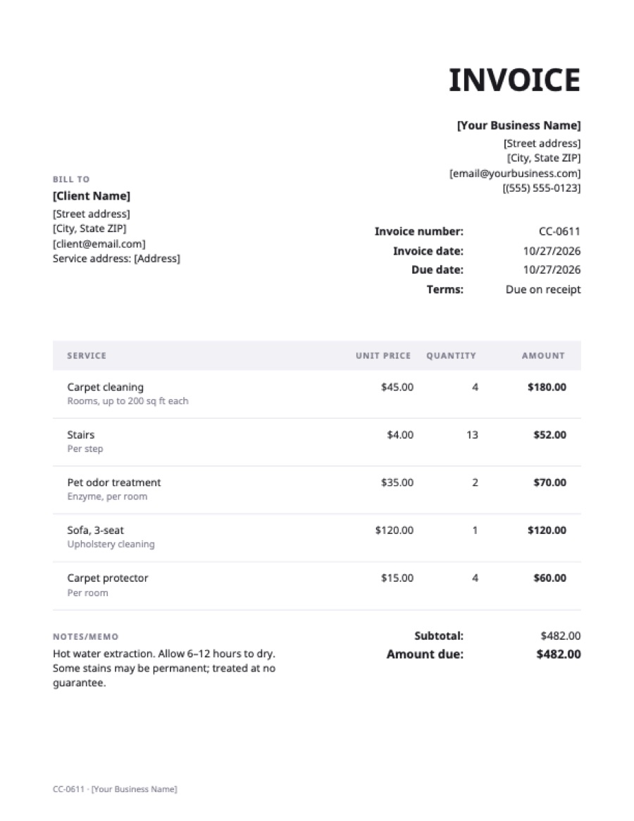 Carpet cleaning invoice template: a sample filled in with example lines for the trade