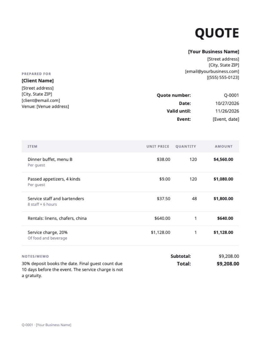 Catering quote template: a sample filled in with example lines for the trade