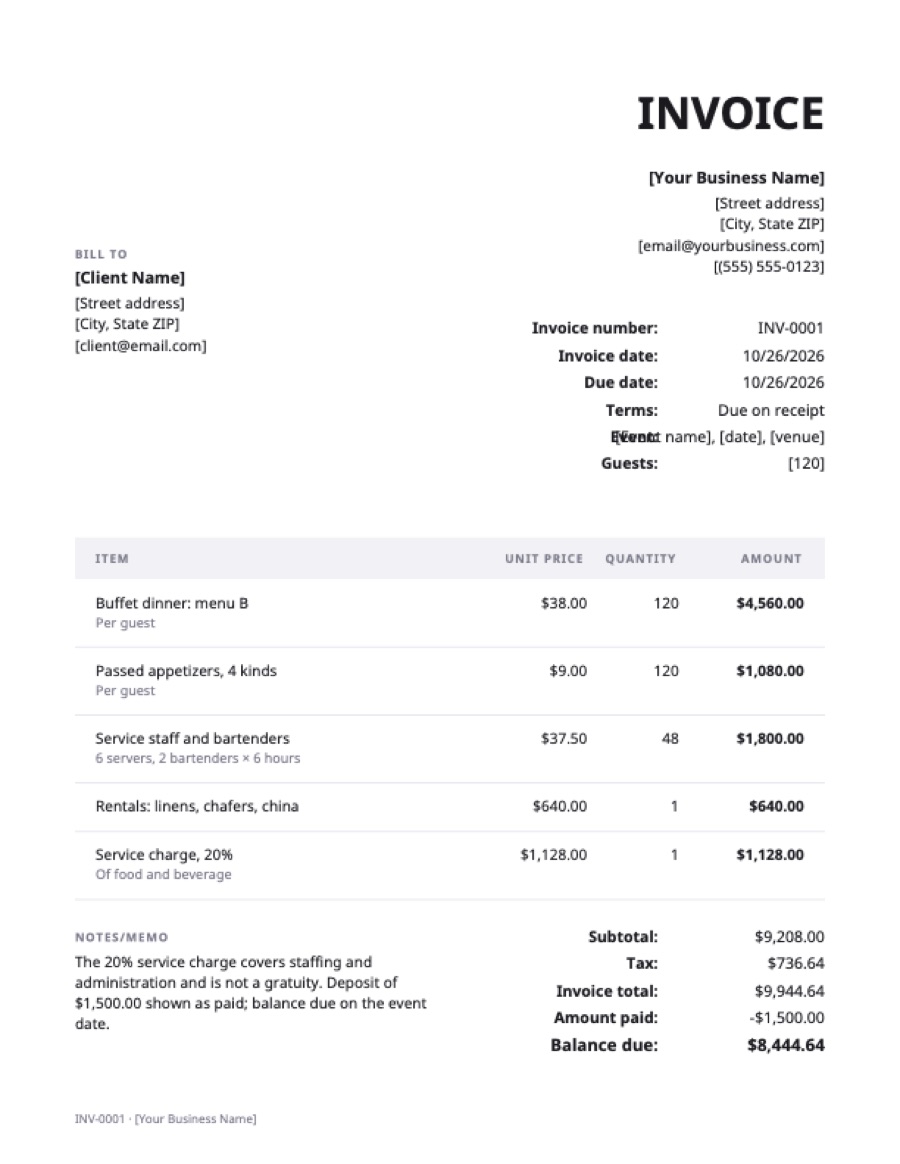 Catering invoice template: a sample filled in with example lines for the trade