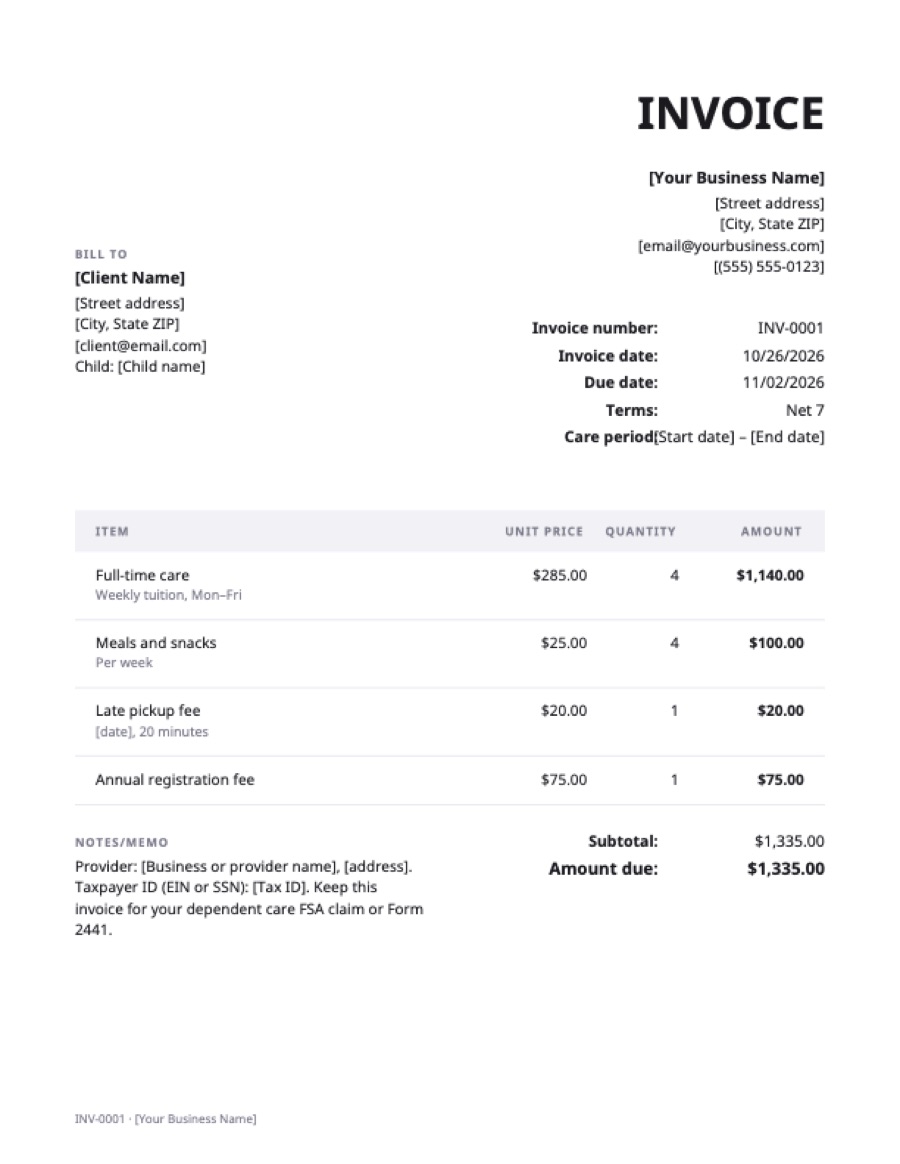 Childcare invoice template: a sample filled in with example lines for the trade