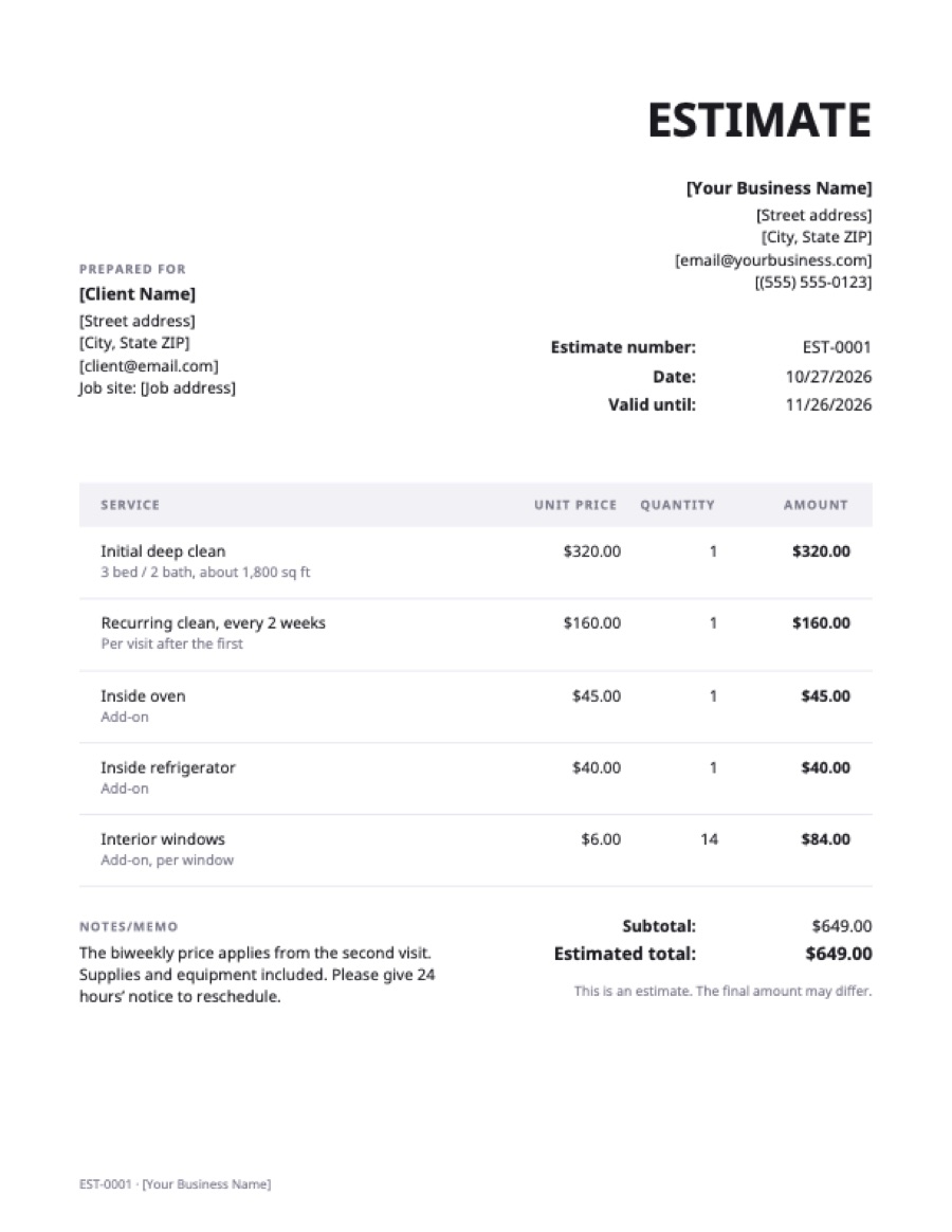 Cleaning estimate template: a sample filled in with example lines for the trade