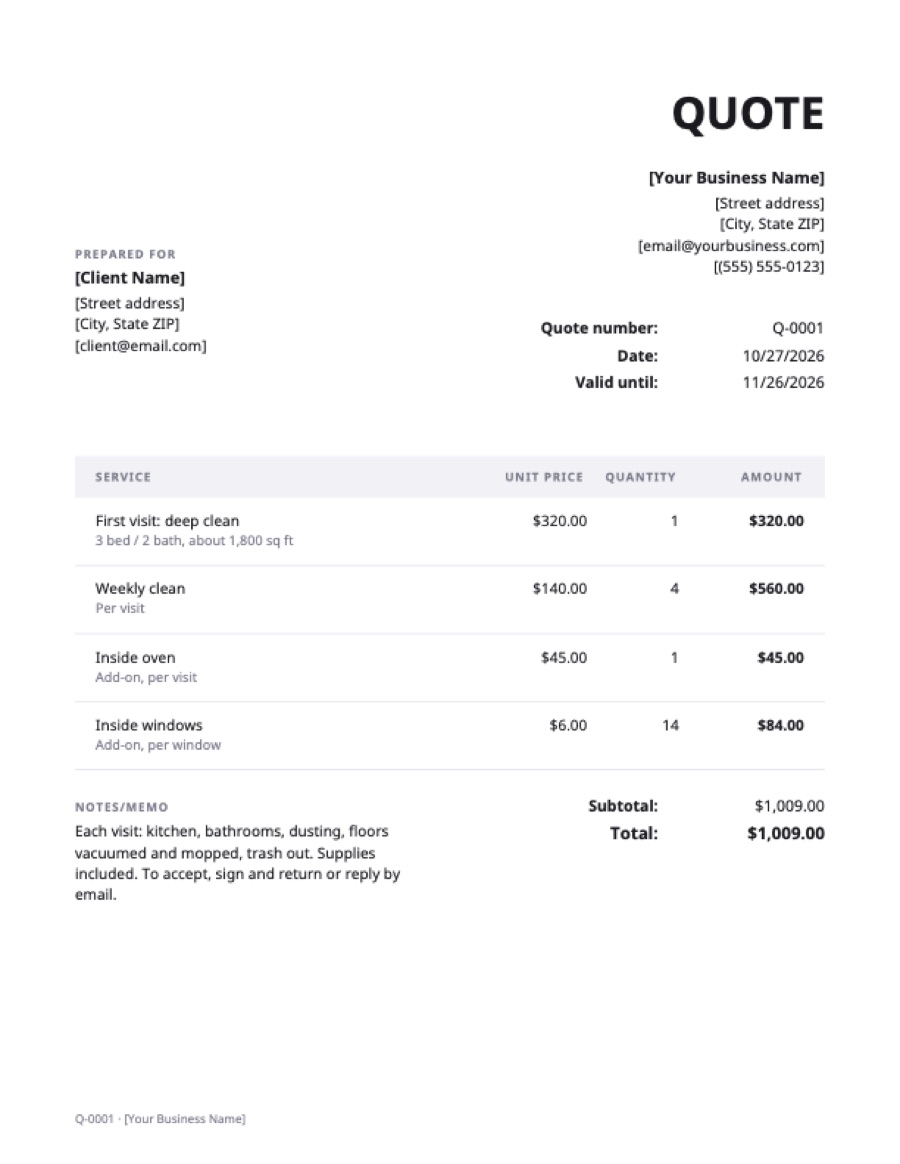 Cleaning quote template: a sample filled in with example lines for the trade