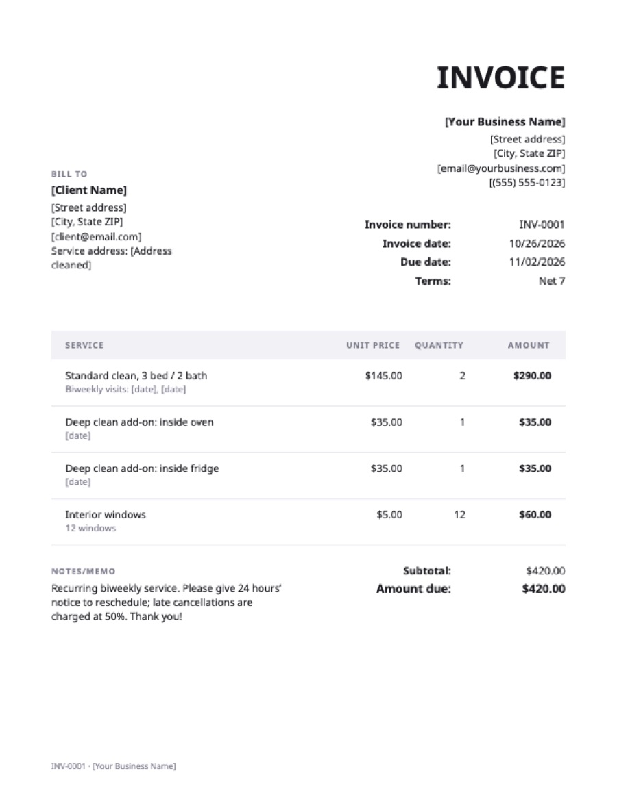 Cleaning invoice template: a sample filled in with example lines for the trade