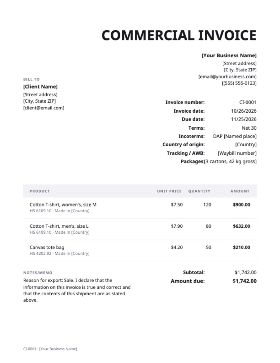 Commercial invoice template: a sample filled in with example lines