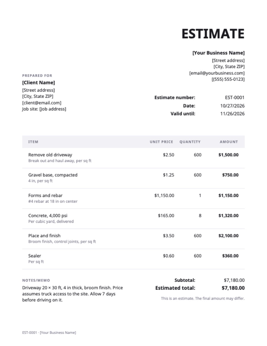 Concrete estimate template: a sample filled in with example lines for the trade