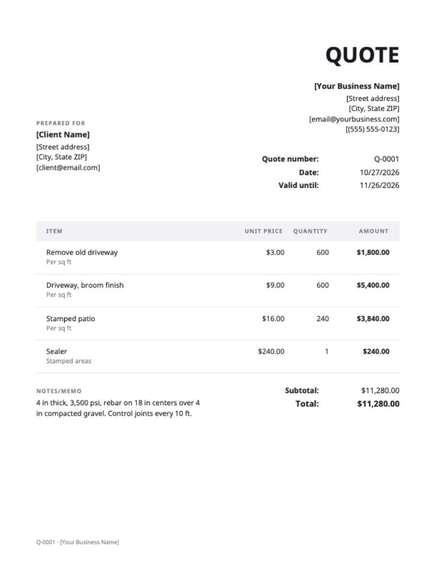 Concrete quote template: a sample filled in with example lines for the trade
