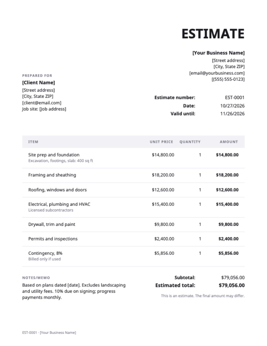 Construction estimate template: a sample filled in with example lines for the trade