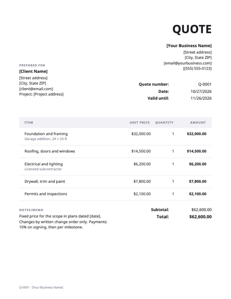 Construction quote template: a sample filled in with example lines for the trade