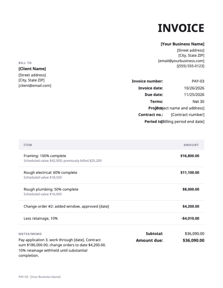 Construction invoice template: a sample filled in with example lines for the trade