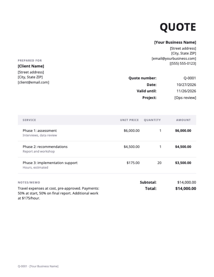 Consulting quote template: a sample filled in with example lines for the trade