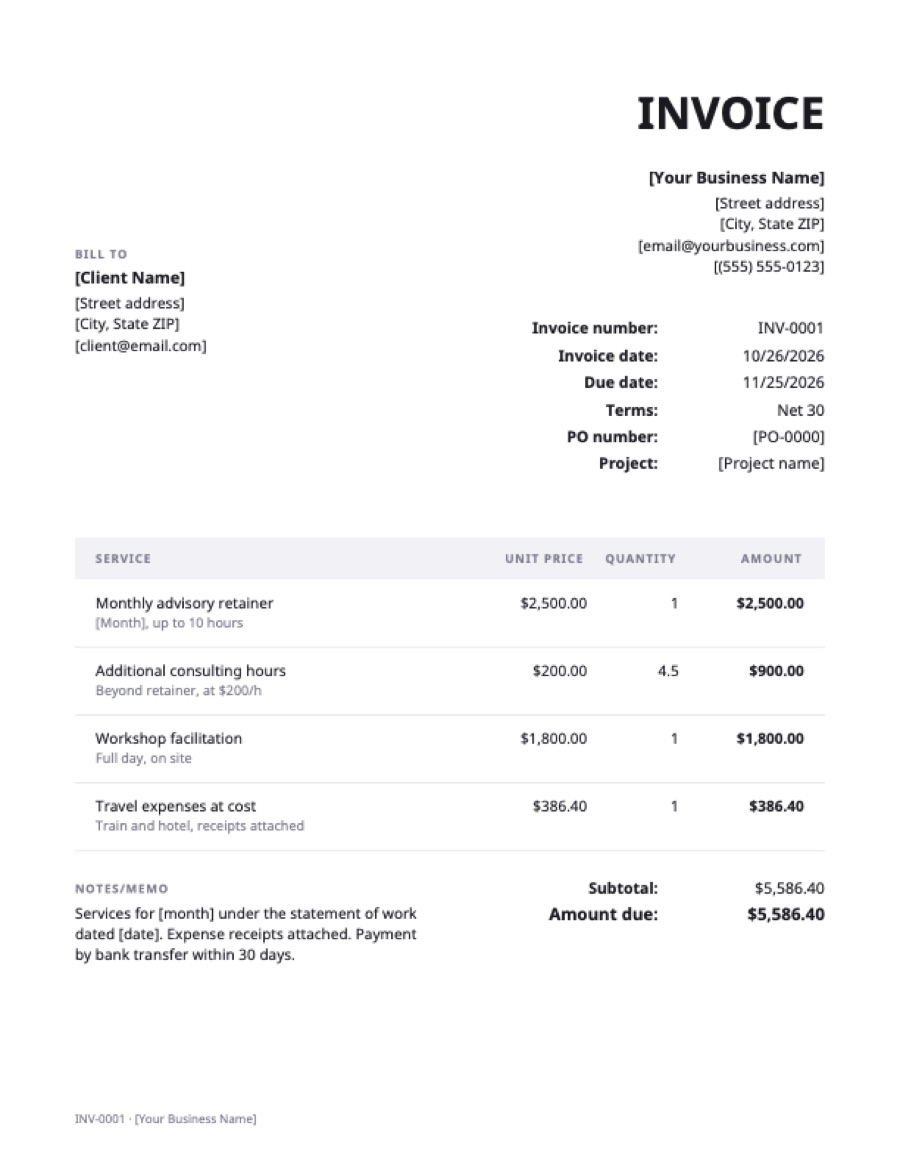 Consulting invoice template: a sample filled in with example lines for the trade