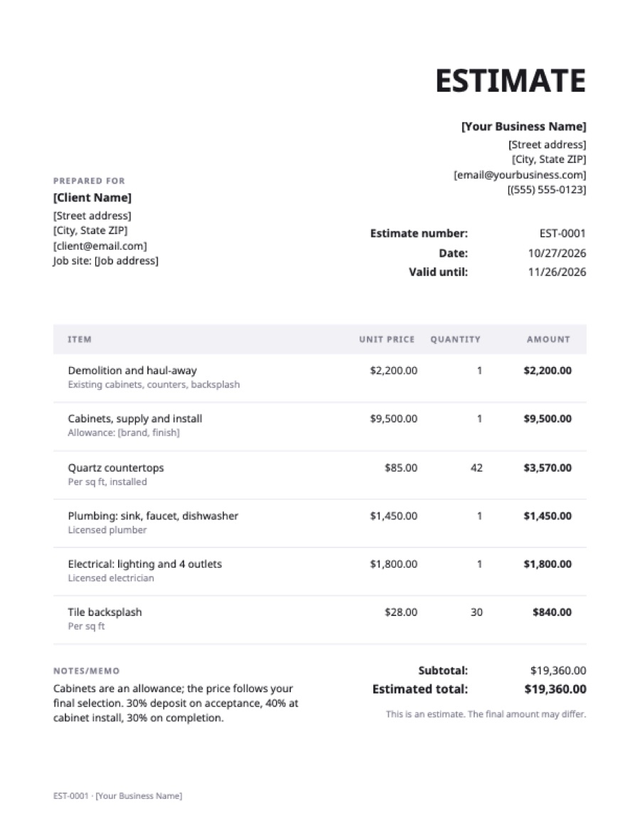 Contractor estimate template: a sample filled in with example lines for the trade