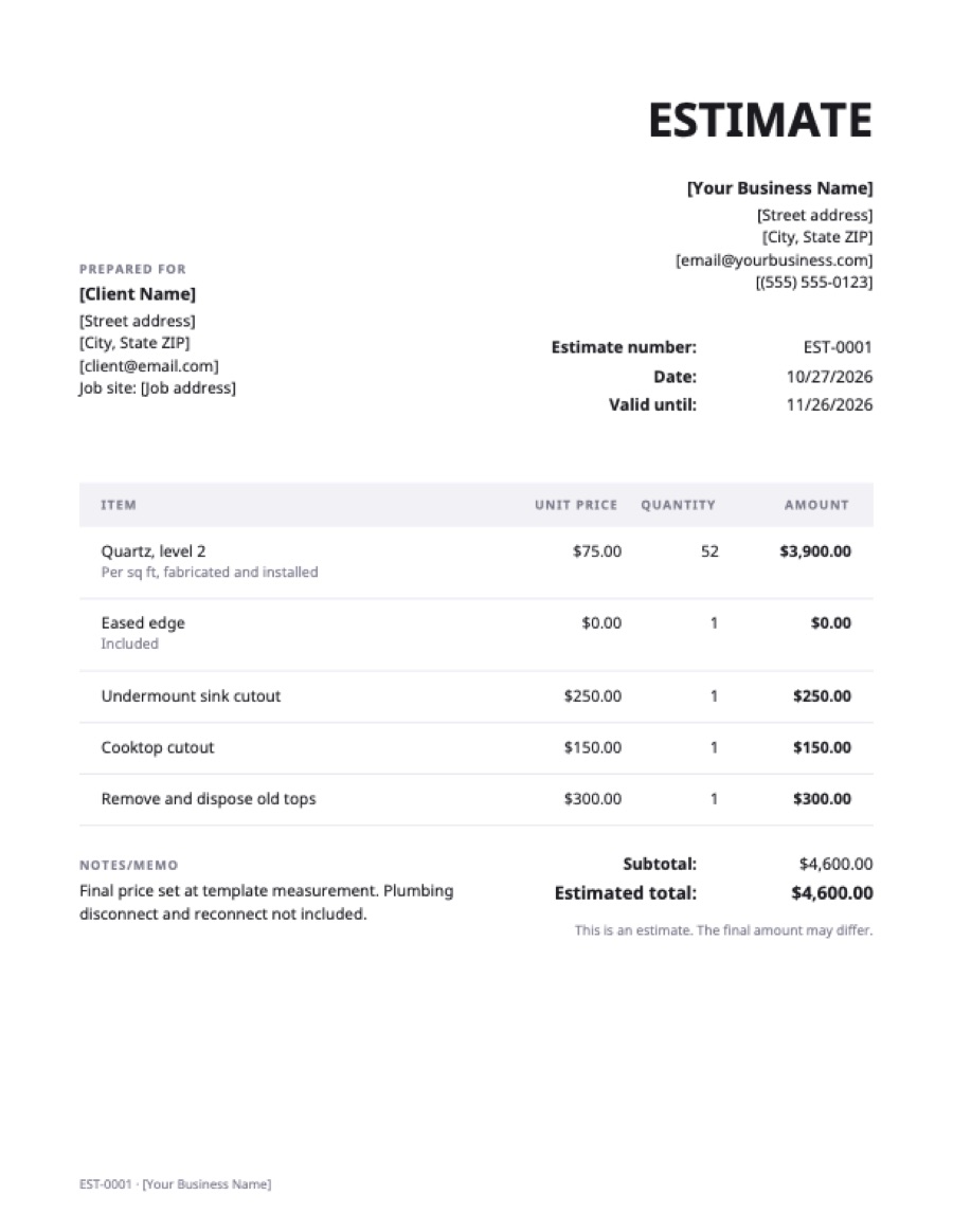 Countertop estimate template: a sample filled in with example lines for the trade