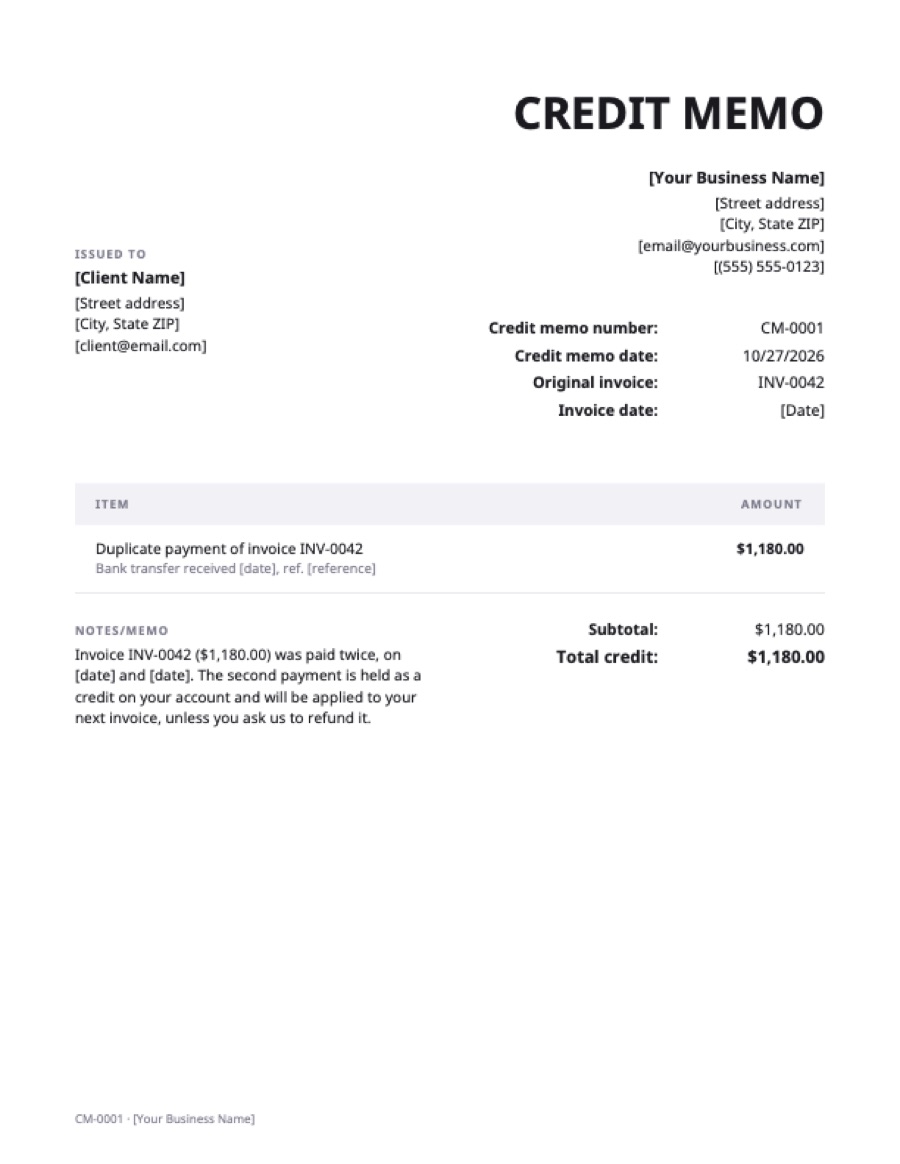 Credit memo for overpayment: a sample filled in with example lines