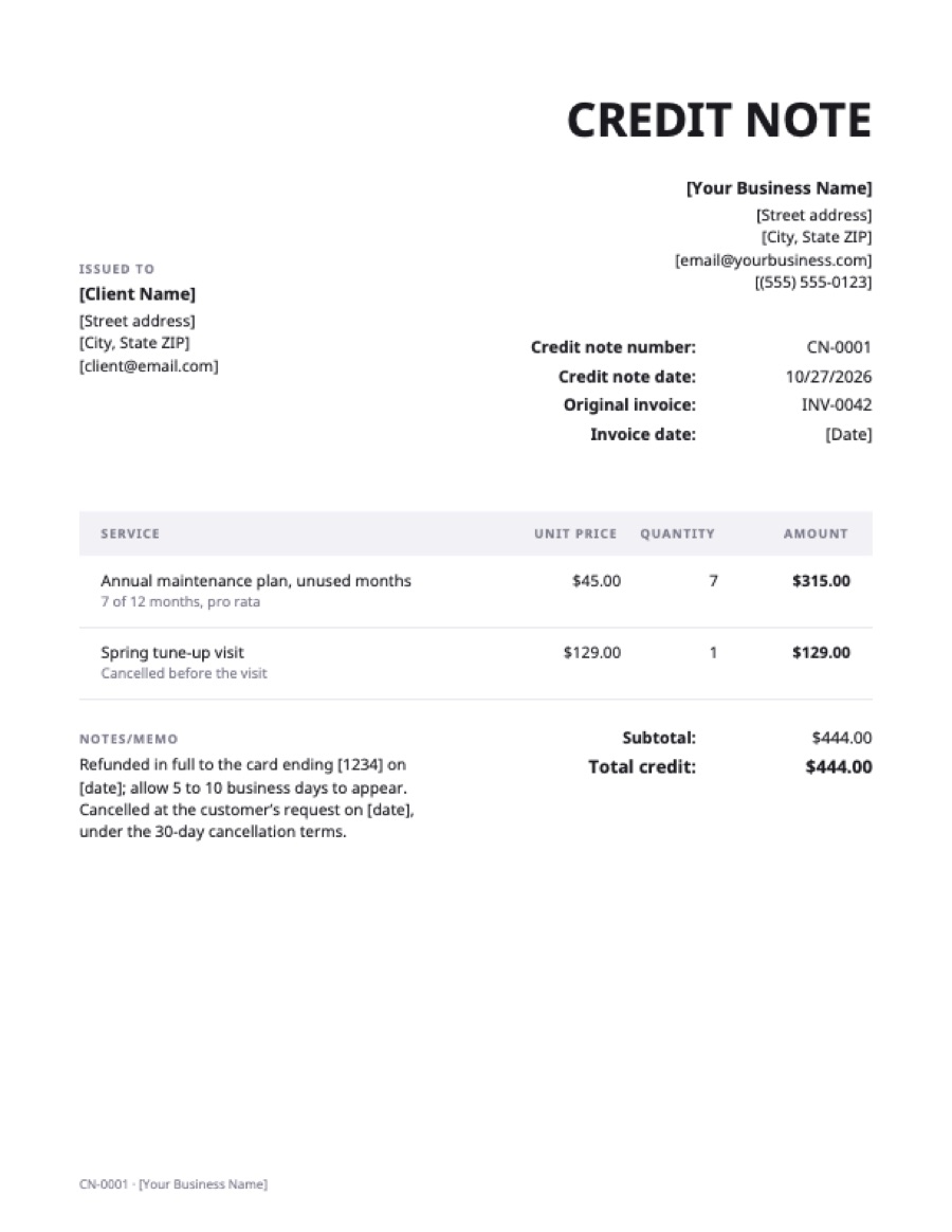 Refund credit note: a sample filled in with example lines