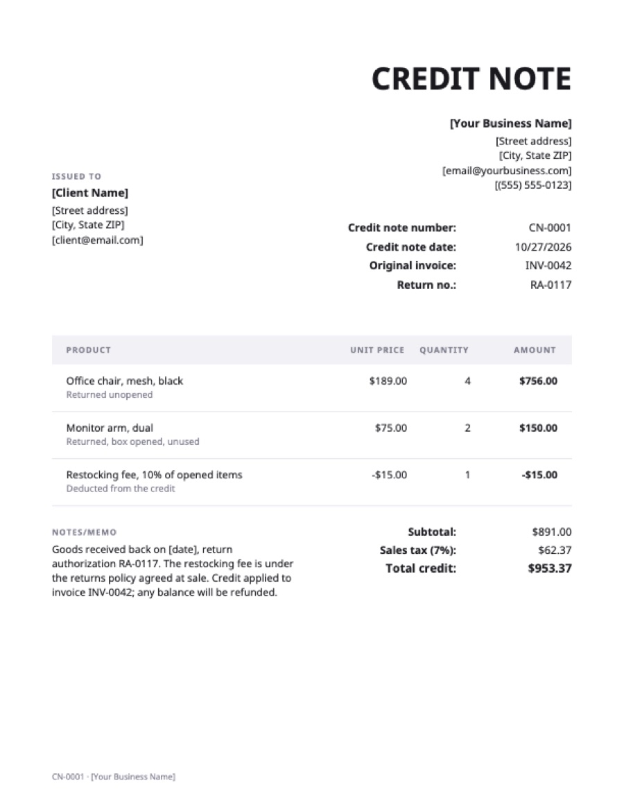 Credit note for returned goods: a sample filled in with example lines