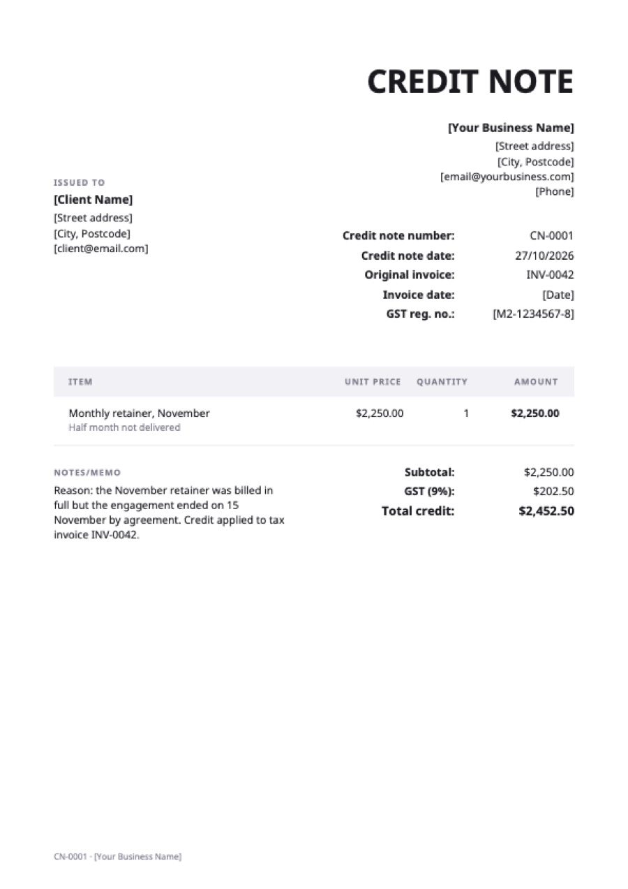 Singapore GST credit note: a sample filled in with example lines