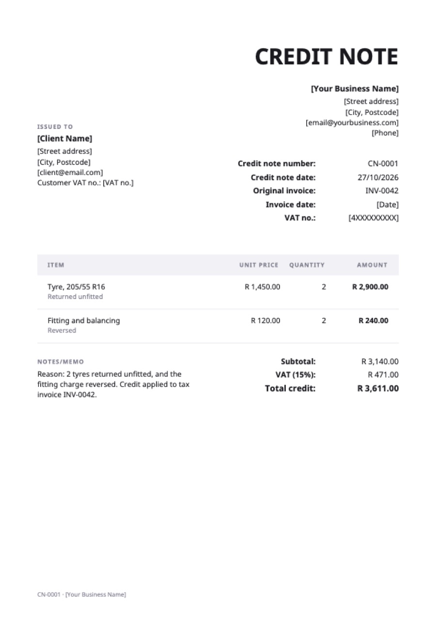 South Africa VAT credit note: a sample filled in with example lines