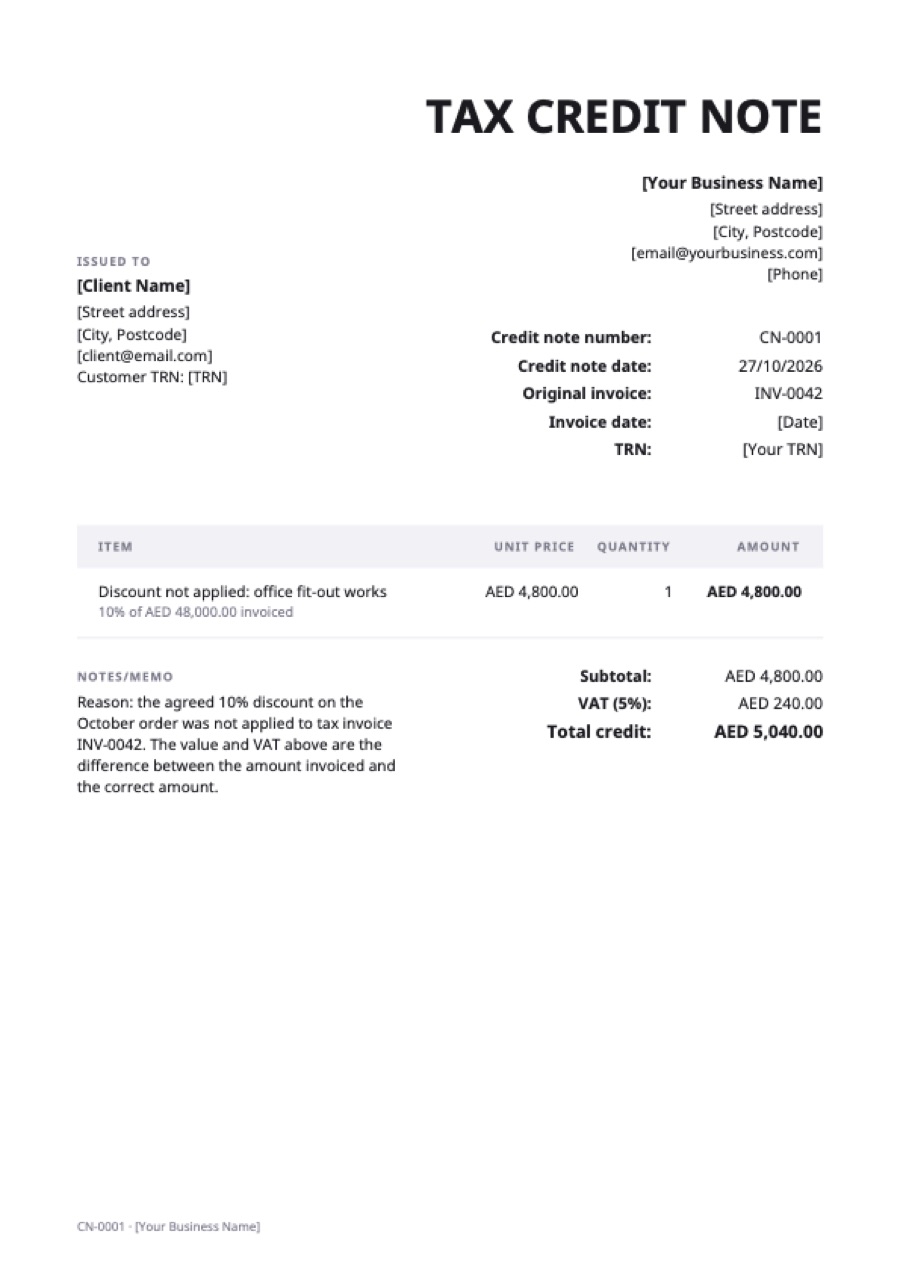 UAE tax credit note: a sample filled in with example lines