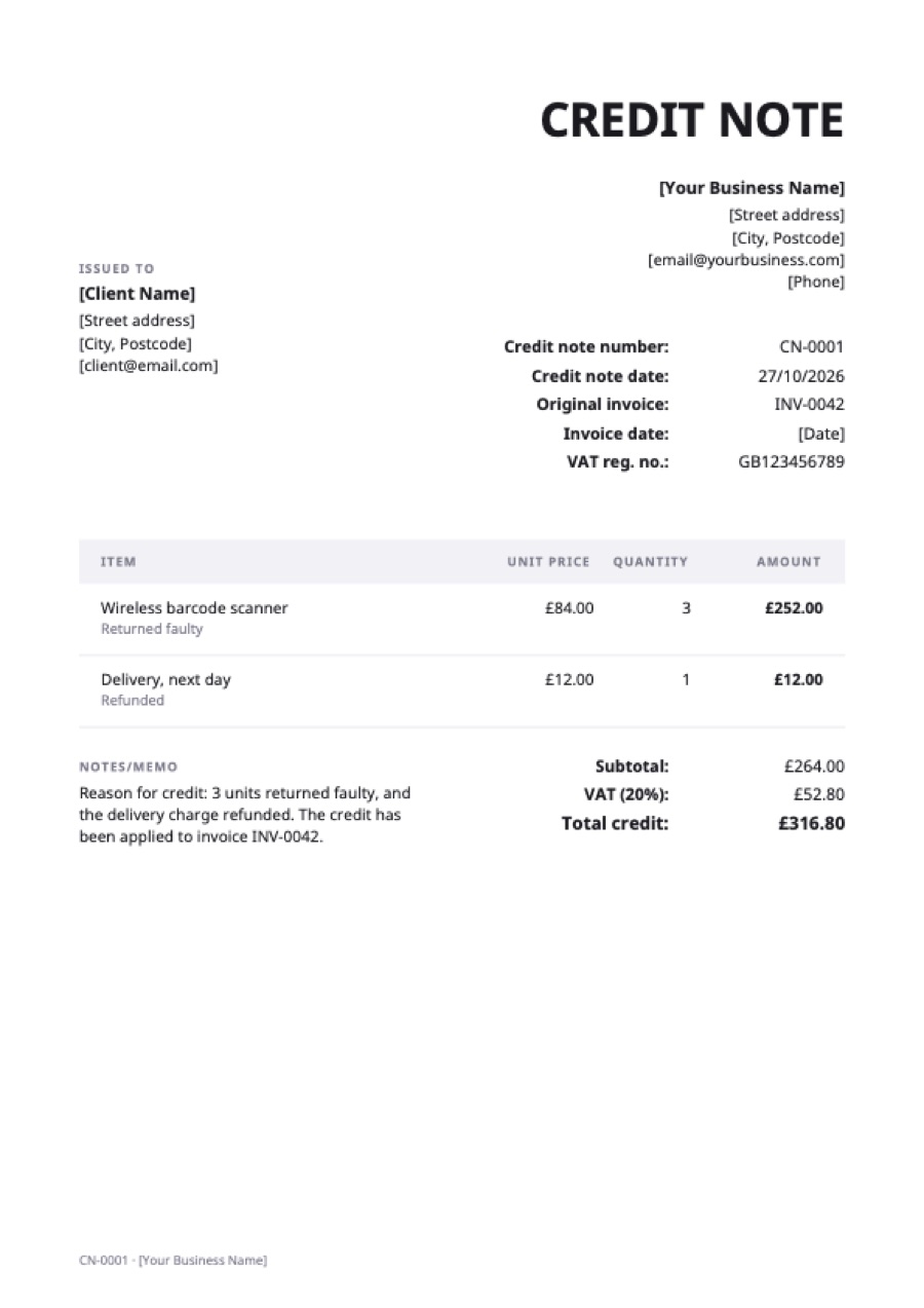 UK VAT credit note: a sample filled in with example lines