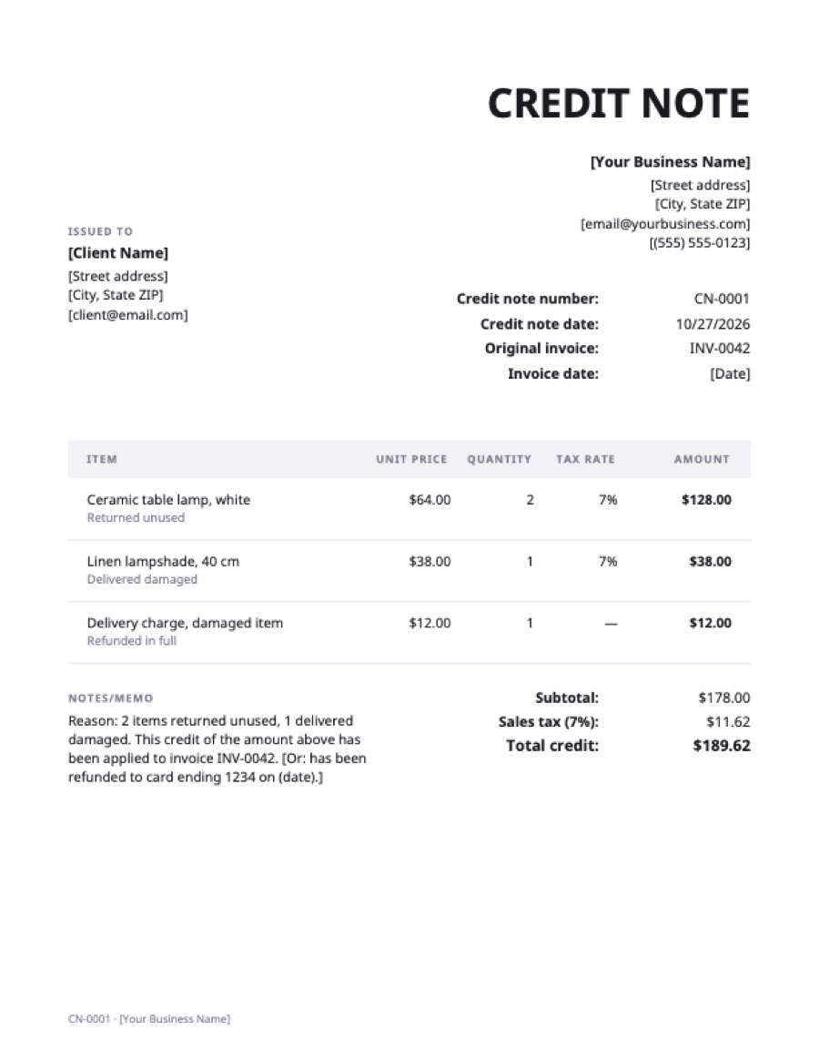 Credit note template: a sample filled in with example lines