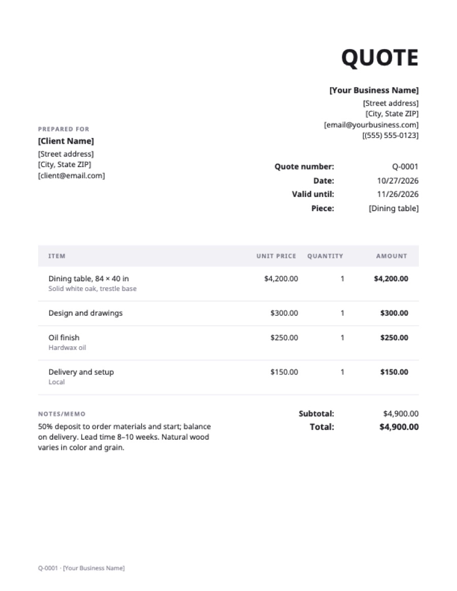 Custom furniture quote template: a sample filled in with example lines for the trade