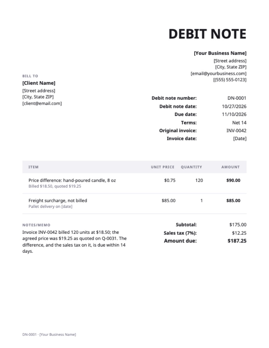 Debit note template: a sample filled in with example lines