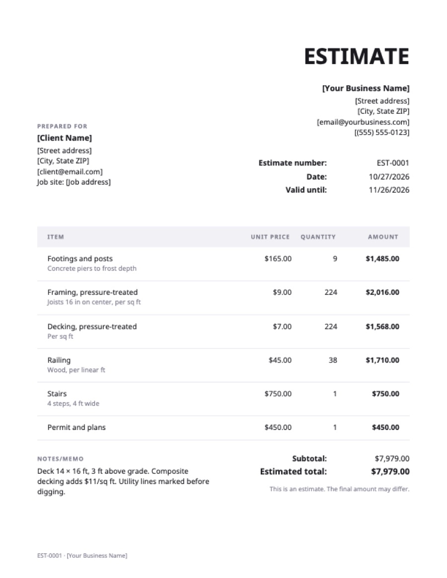 Deck estimate template: a sample filled in with example lines for the trade