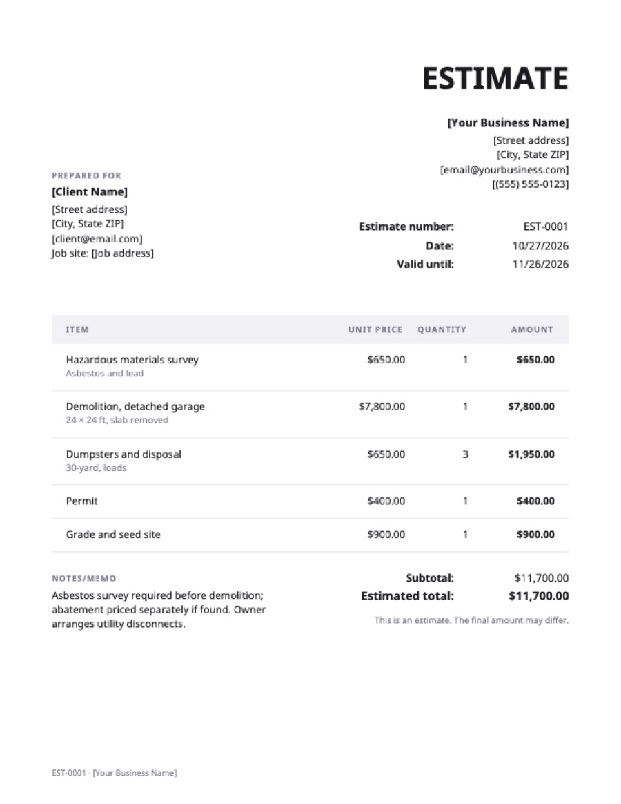 Demolition estimate template: a sample filled in with example lines for the trade