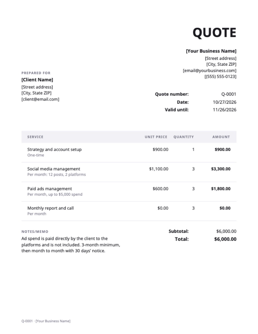 Digital marketing quote template: a sample filled in with example lines for the trade