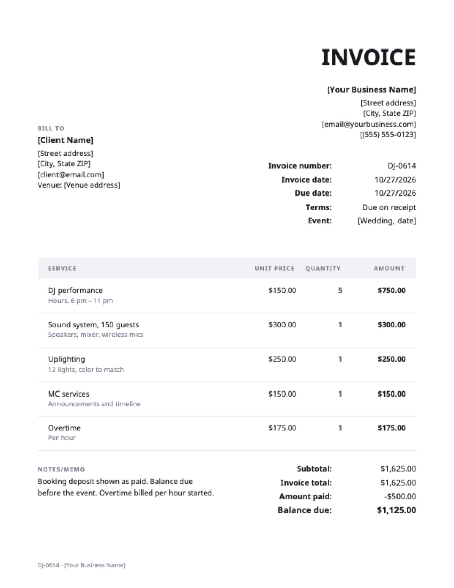 DJ invoice template: a sample filled in with example lines for the trade