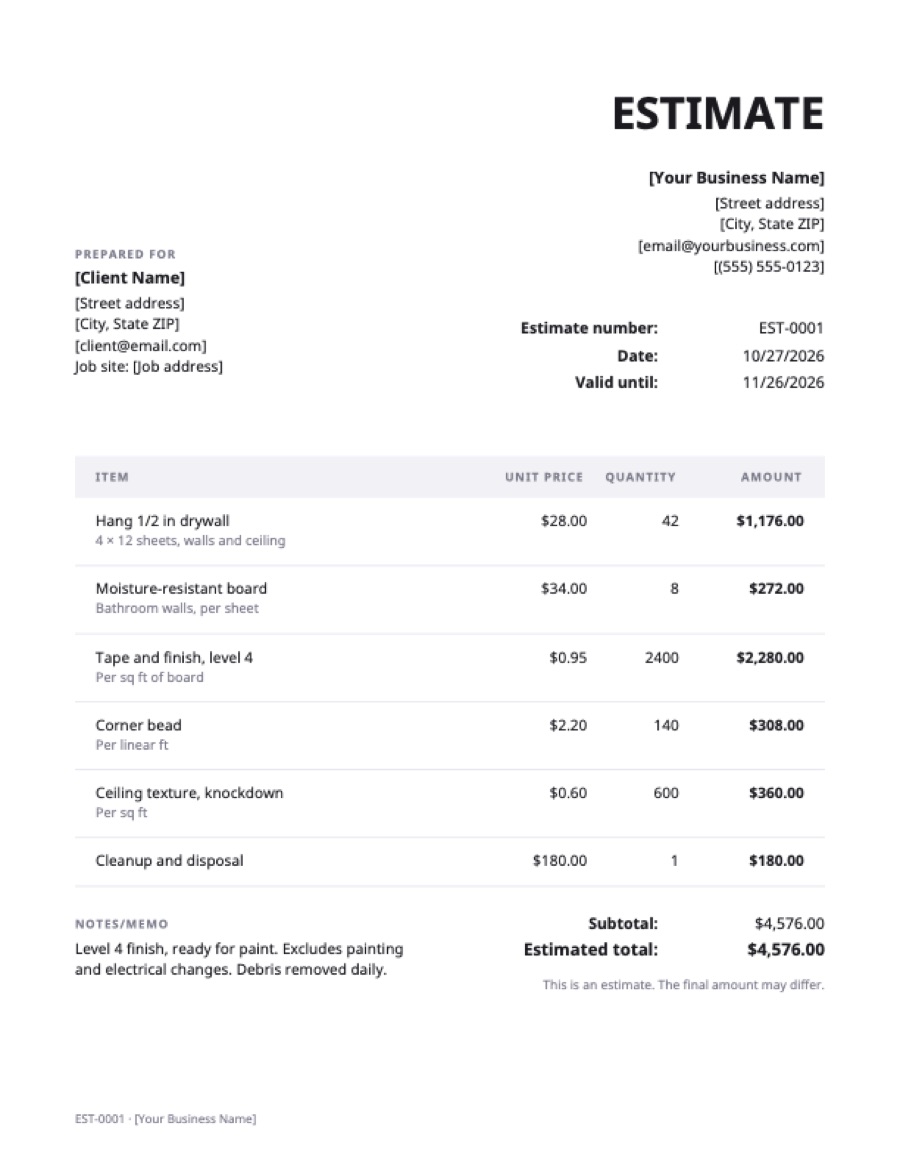 Drywall estimate template: a sample filled in with example lines for the trade