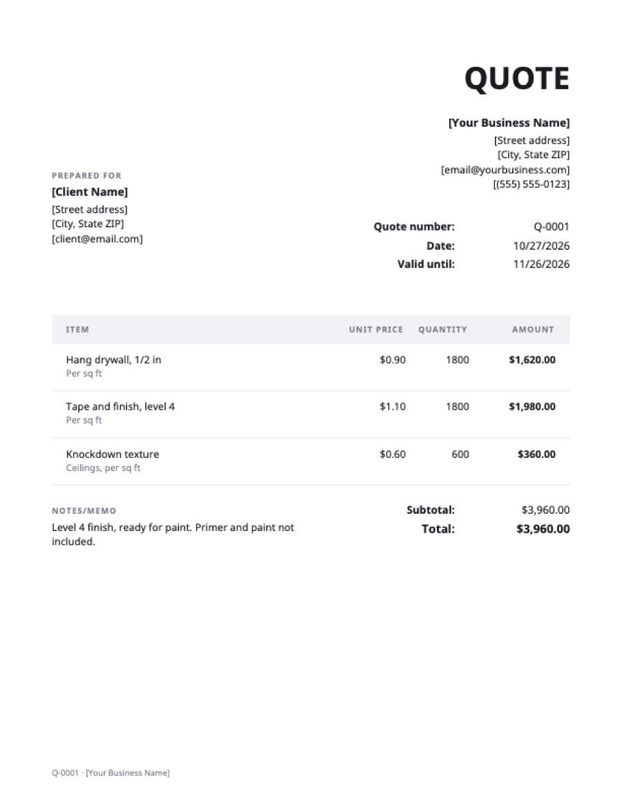 Drywall quote template: a sample filled in with example lines for the trade