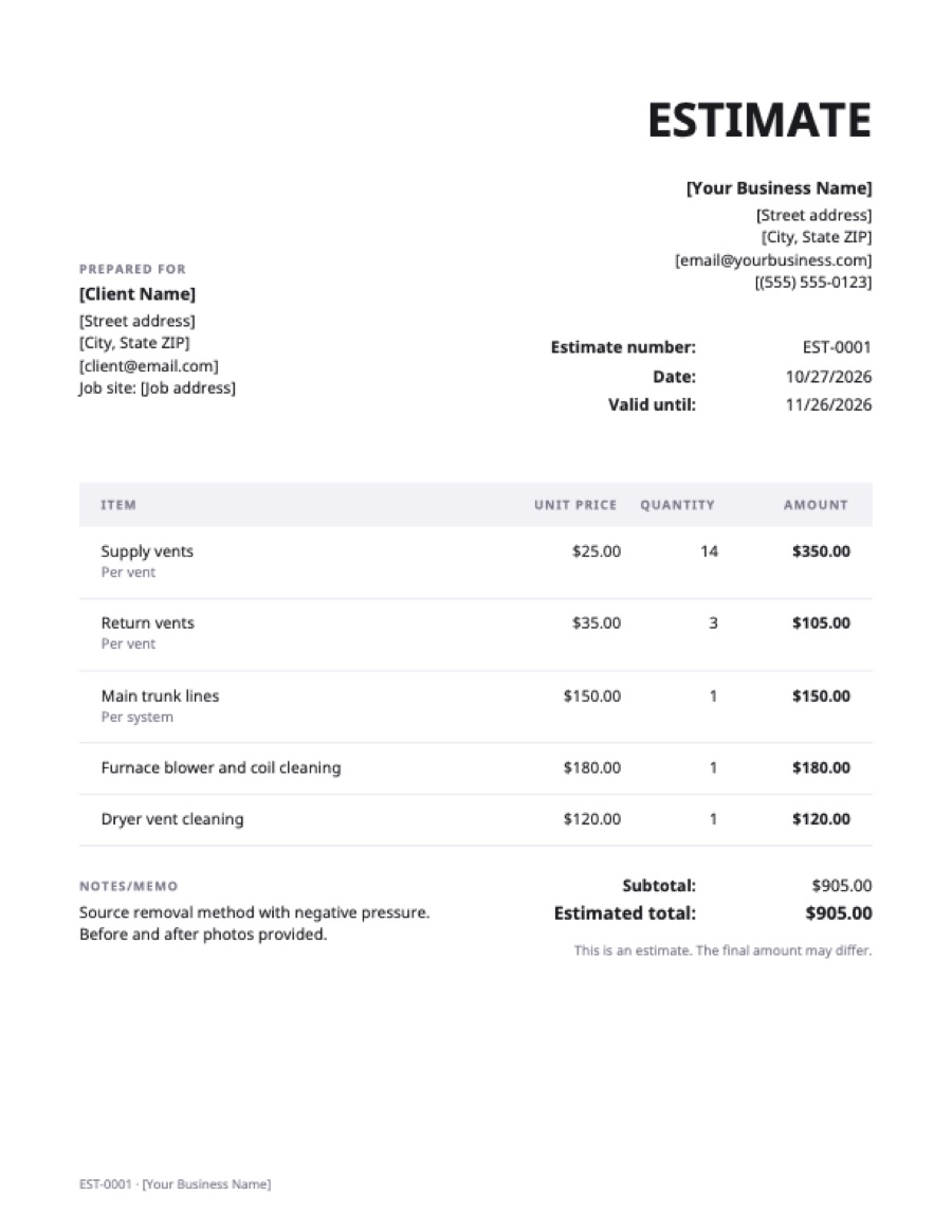 Duct cleaning estimate template: a sample filled in with example lines for the trade